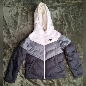 Used Kids Nike Colorblock Hooded Puffer Jacket - White,‎ Light Gray, Charcoal
